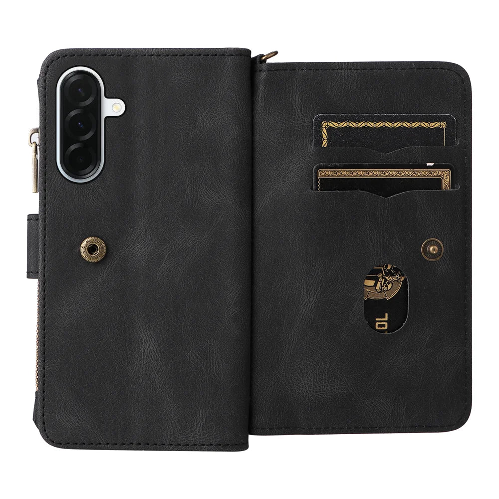 For Samsung Galaxy A37 5G Zipper Wallet Case with 15 Card Slots and Strap Leather Phone Cover - Black - 3