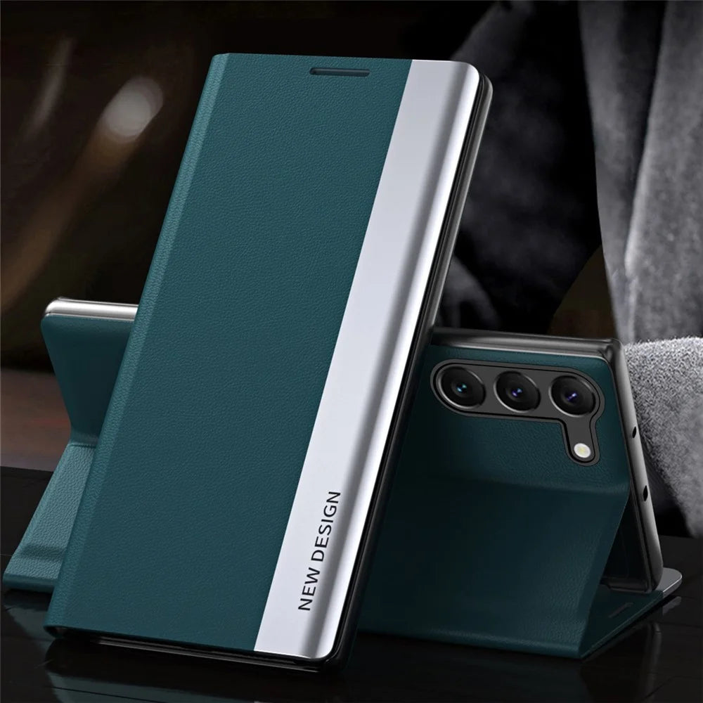 For Samsung Galaxy S23 Electroplating PU Leather Flip Viewing Stand Cover Cell Phone Case - Green - 2
