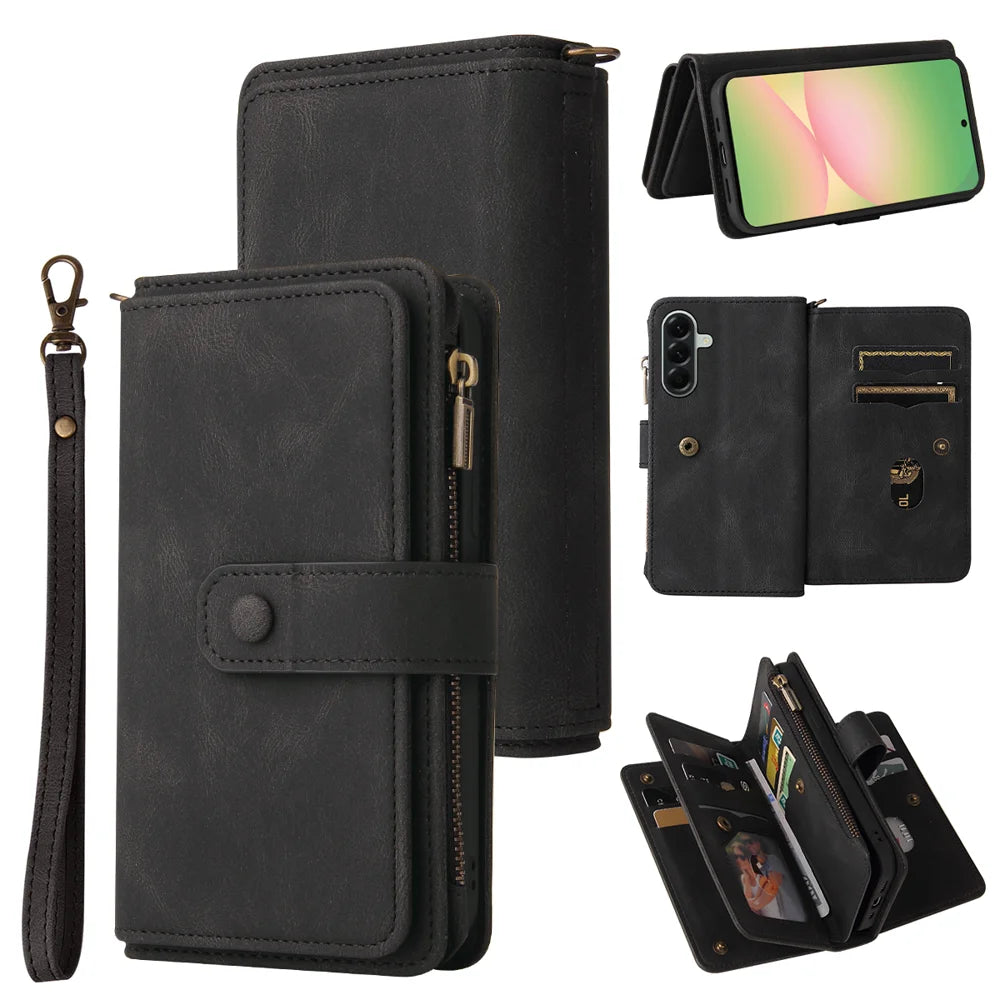 For Samsung Galaxy A57 5G Zipper Wallet Case with 15 Card Slots and Strap Leather Phone Cover - Black - 1