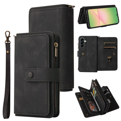 For Samsung Galaxy A57 5G Zipper Wallet Case with 15 Card Slots and Strap Leather Phone Cover - Black - 1