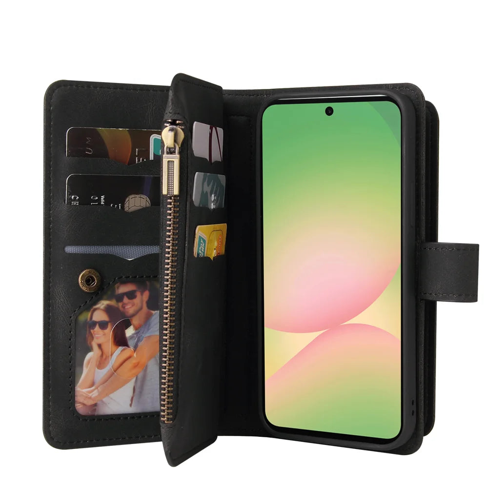 For Samsung Galaxy A57 5G Zipper Wallet Case with 15 Card Slots and Strap Leather Phone Cover - Black - 2