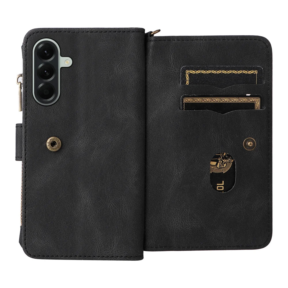 For Samsung Galaxy A57 5G Zipper Wallet Case with 15 Card Slots and Strap Leather Phone Cover - Black - 3