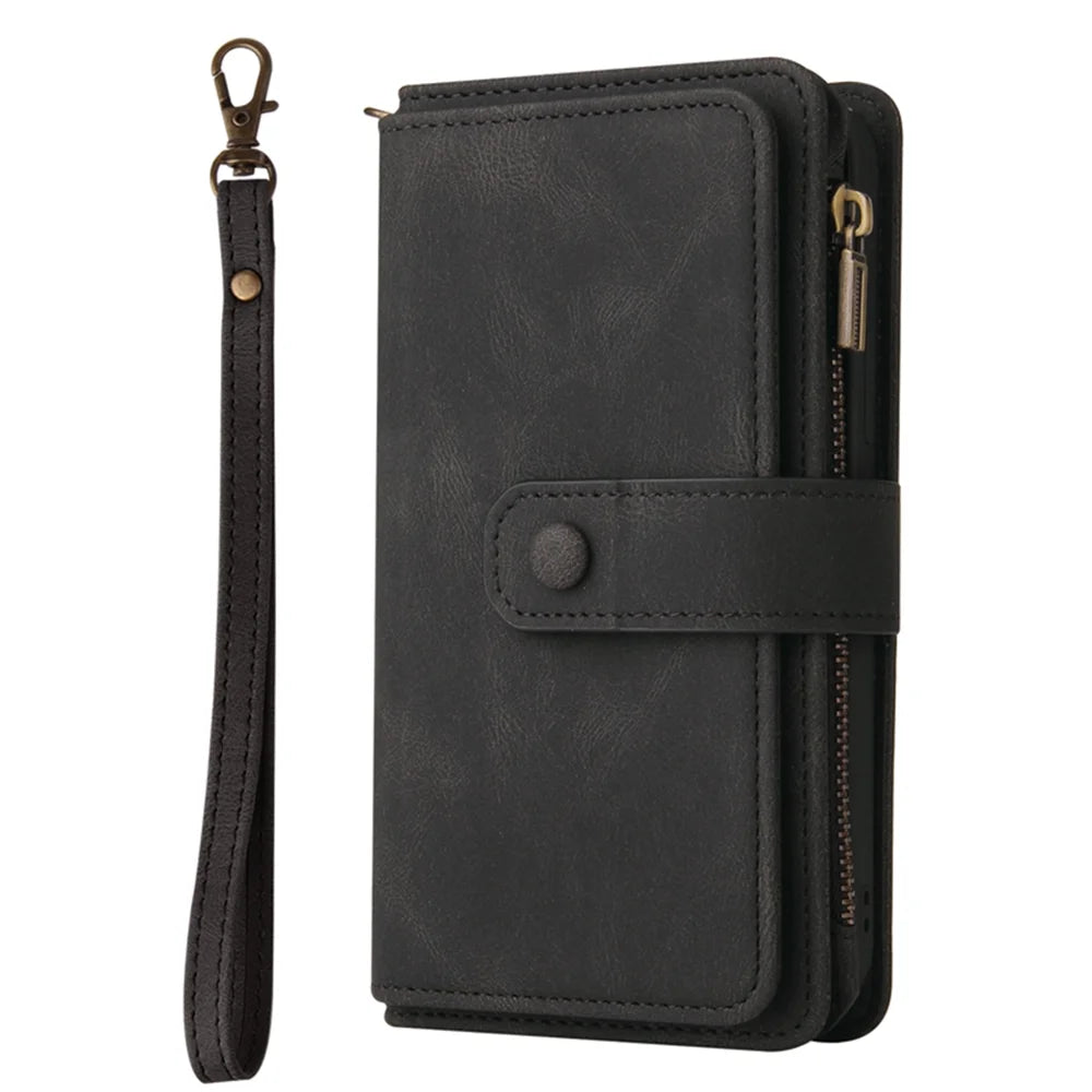 For Samsung Galaxy A57 5G Zipper Wallet Case with 15 Card Slots and Strap Leather Phone Cover - Black - 7