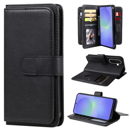 For Samsung Galaxy A37 5G Leather Case with 10 Card Holder Phone Cover Stand - Black - 1