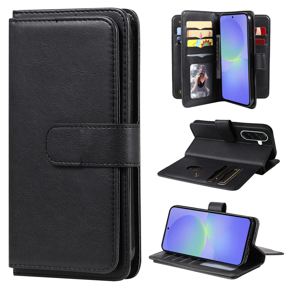 For Samsung Galaxy A37 5G Leather Case with 10 Card Holder Phone Cover Stand - Black - 1