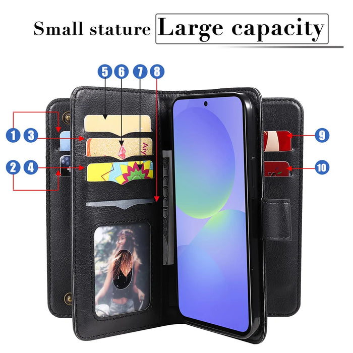 For Samsung Galaxy A37 5G Leather Case with 10 Card Holder Phone Cover Stand - Black - 4