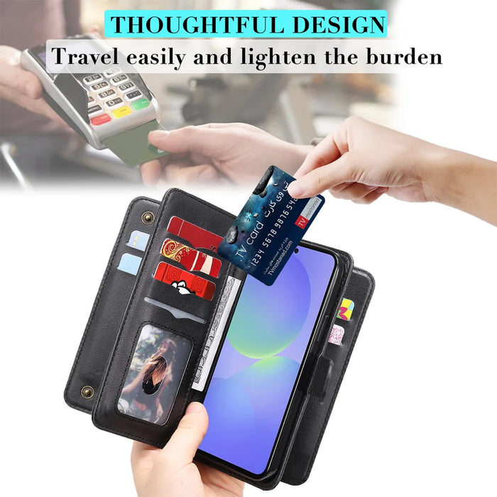For Samsung Galaxy A37 5G Leather Case with 10 Card Holder Phone Cover Stand - Black - 6