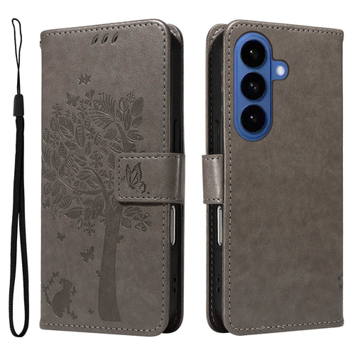 For Samsung Galaxy S26+ Phone Case with Stand Cat Tree Pattern Leather Wallet Mobile Cover - Grey - 1