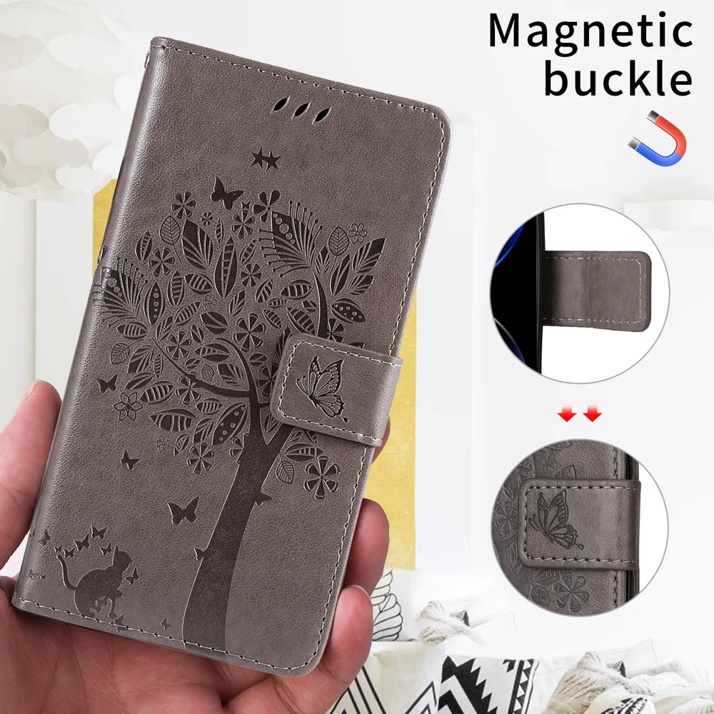 For Samsung Galaxy S26+ Phone Case with Stand Cat Tree Pattern Leather Wallet Mobile Cover - Grey - 5