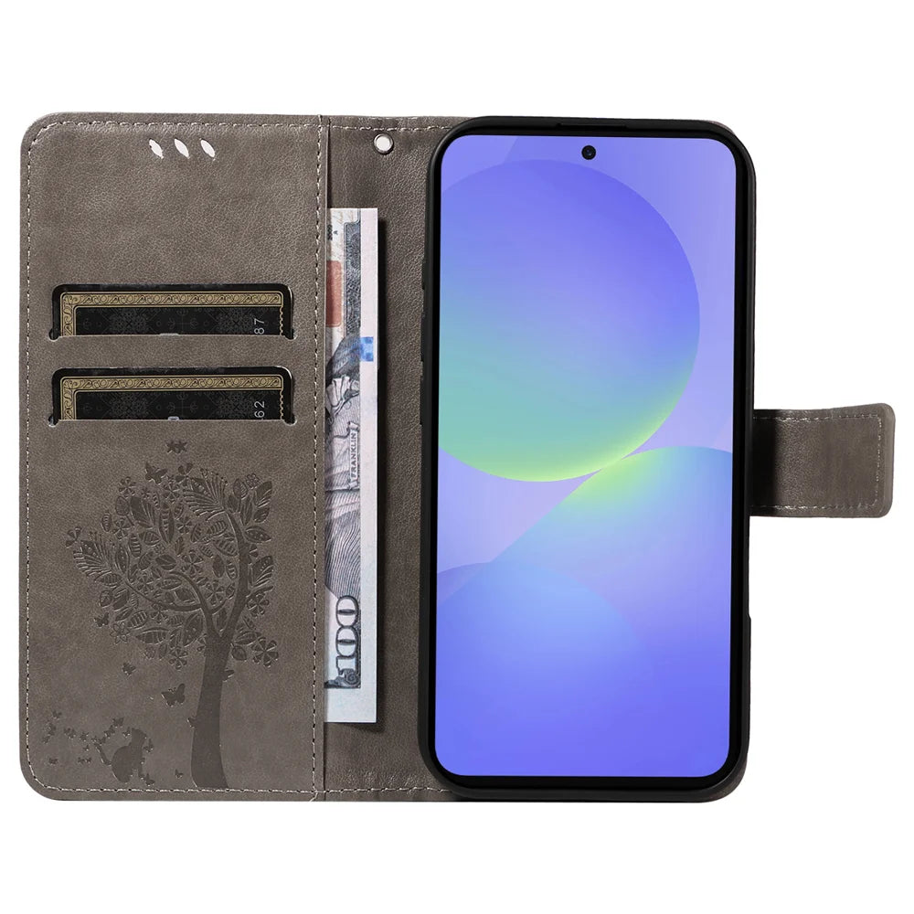 For Samsung Galaxy A37 5G Phone Case with Stand Cat Tree Pattern Leather Wallet Mobile Cover - Grey - 2