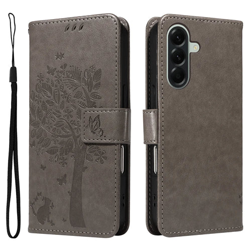 For Samsung Galaxy A57 5G Phone Case with Stand Cat Tree Pattern Leather Wallet Mobile Cover - Grey - 1