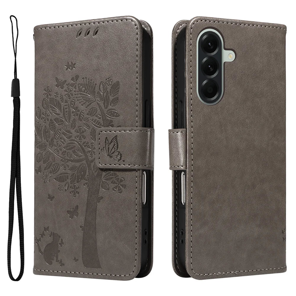 For Samsung Galaxy A57 5G Phone Case with Stand Cat Tree Pattern Leather Wallet Mobile Cover - Grey - 1
