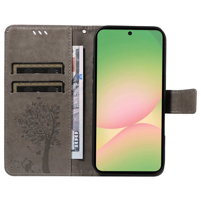 For Samsung Galaxy A57 5G Phone Case with Stand Cat Tree Pattern Leather Wallet Mobile Cover - Grey - 2