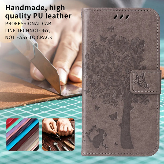 For Samsung Galaxy A57 5G Phone Case with Stand Cat Tree Pattern Leather Wallet Mobile Cover - Grey - 3