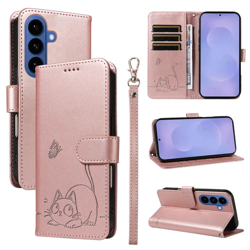 For Samsung Galaxy S26+ Case Cat Pattern Imprint Leather Phone Cover with Wrist Strap - Rose Gold - 1
