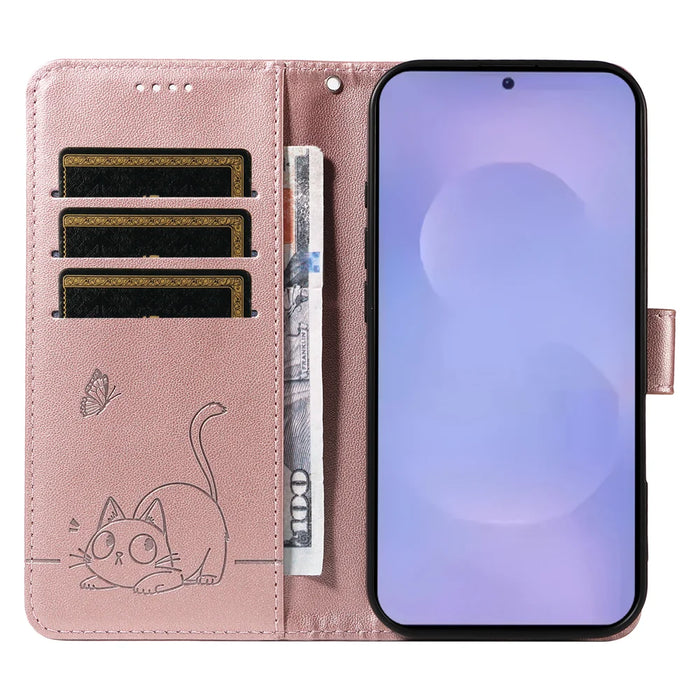 For Samsung Galaxy S26+ Case Cat Pattern Imprint Leather Phone Cover with Wrist Strap - Rose Gold - 2