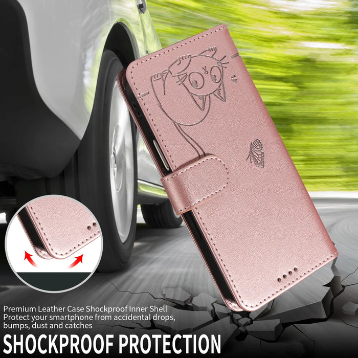 For Samsung Galaxy S26+ Case Cat Pattern Imprint Leather Phone Cover with Wrist Strap - Rose Gold - 3