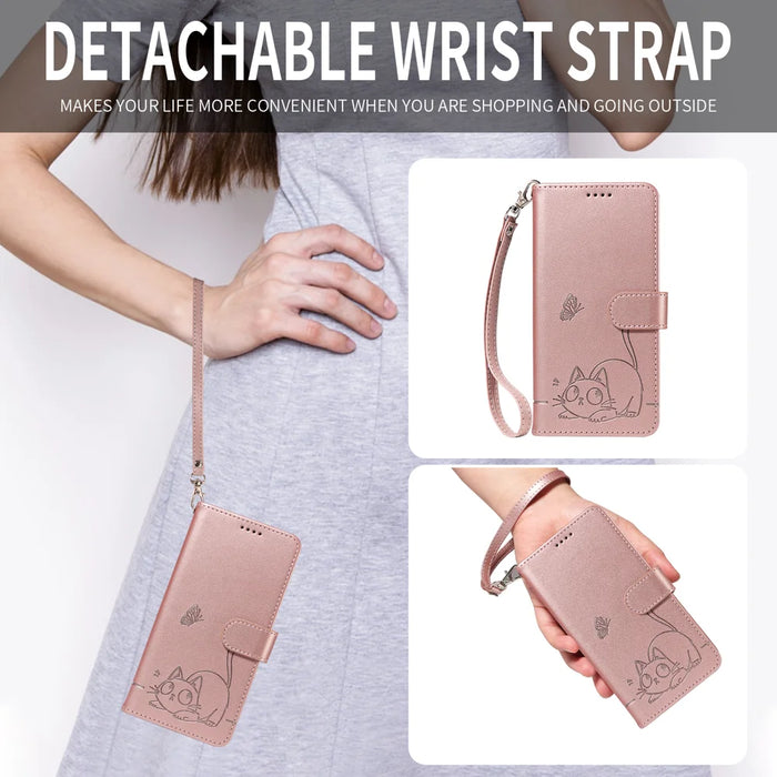 For Samsung Galaxy S26+ Case Cat Pattern Imprint Leather Phone Cover with Wrist Strap - Rose Gold - 4