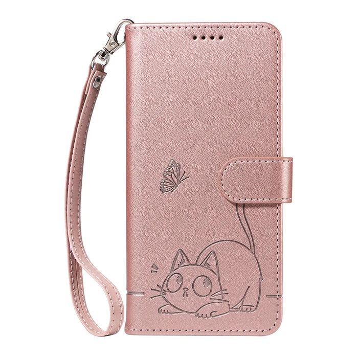 For Samsung Galaxy S26+ Case Cat Pattern Imprint Leather Phone Cover with Wrist Strap - Rose Gold - 6