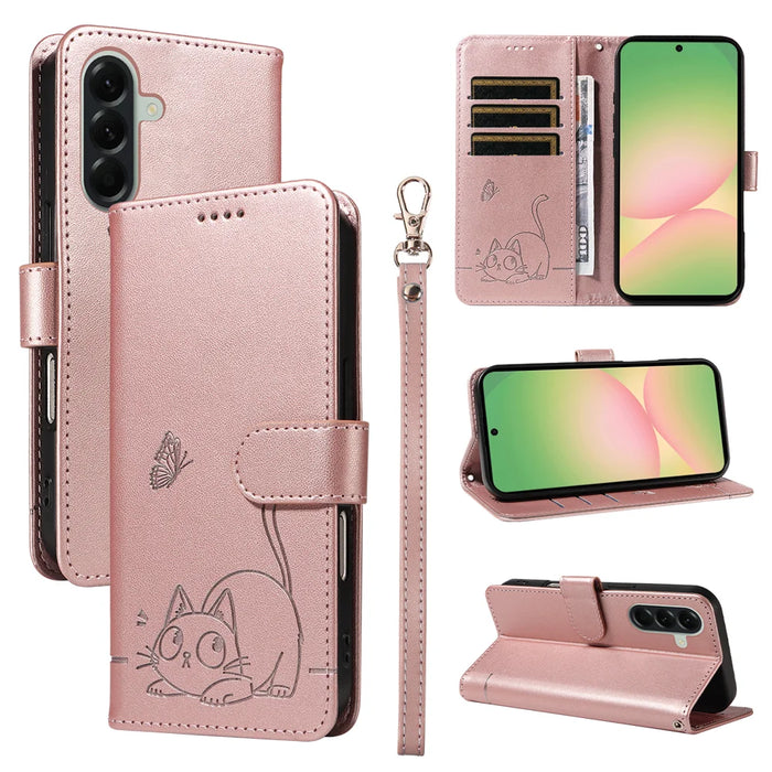 For Samsung Galaxy A57 5G Case Cat Pattern Imprint Leather Phone Cover with Wrist Strap - Rose Gold - 1