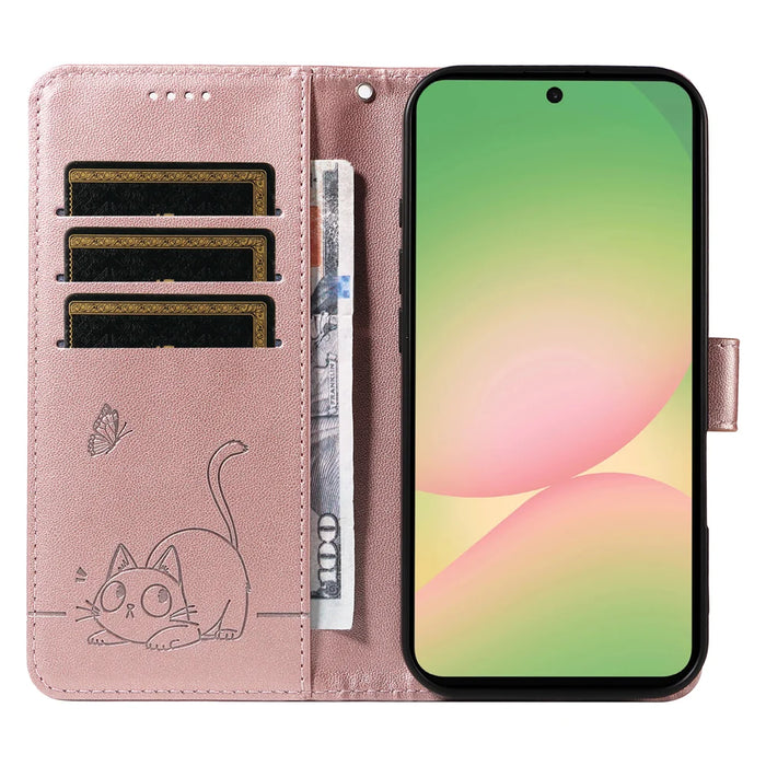 For Samsung Galaxy A57 5G Case Cat Pattern Imprint Leather Phone Cover with Wrist Strap - Rose Gold - 2