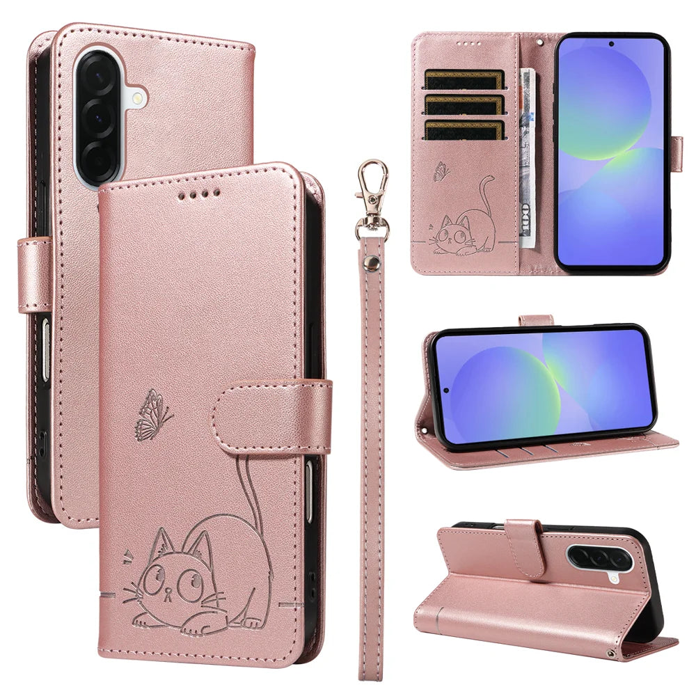For Samsung Galaxy A37 5G Case Cat Pattern Imprint Leather Phone Cover with Wrist Strap - Rose Gold - 1