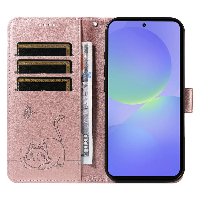 For Samsung Galaxy A37 5G Case Cat Pattern Imprint Leather Phone Cover with Wrist Strap - Rose Gold - 2