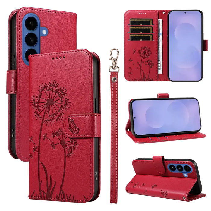 For Samsung Galaxy S26+ Leather Wallet Case with Strap Dandelion Imprint Phone Stand Cover - Red - 1