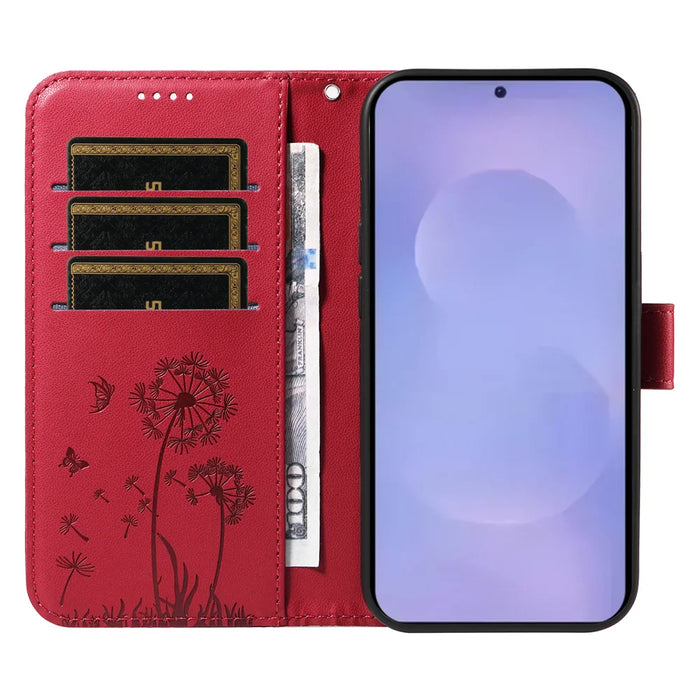For Samsung Galaxy S26+ Leather Wallet Case with Strap Dandelion Imprint Phone Stand Cover - Red - 2