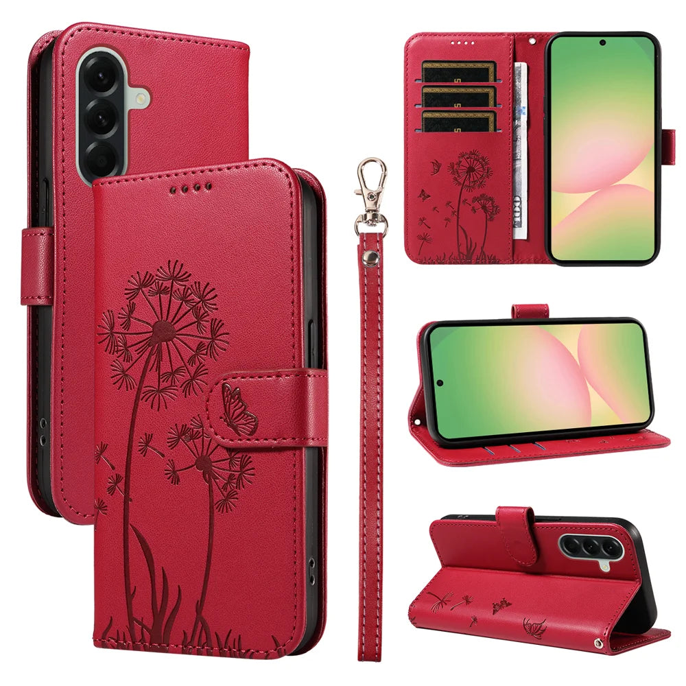 For Samsung Galaxy A57 5G Leather Wallet Case with Strap Dandelion Imprint Phone Stand Cover - Red - 1
