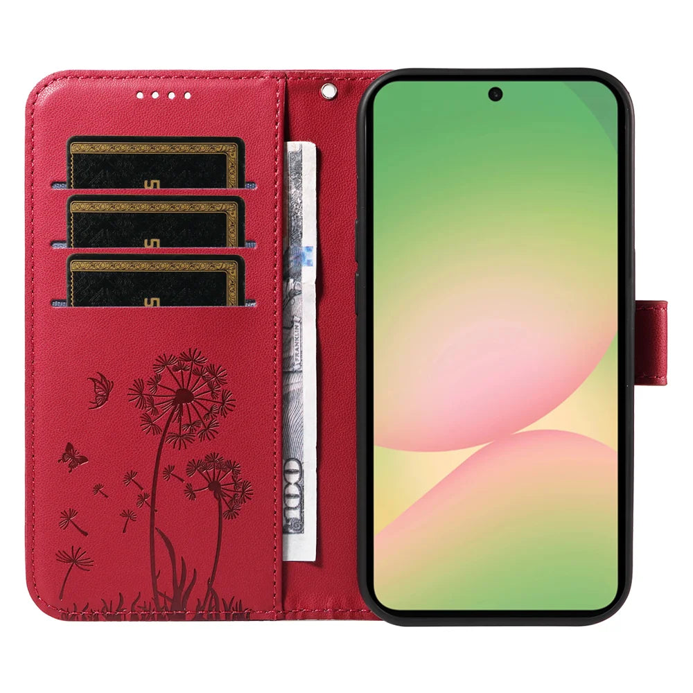 For Samsung Galaxy A57 5G Leather Wallet Case with Strap Dandelion Imprint Phone Stand Cover - Red - 2