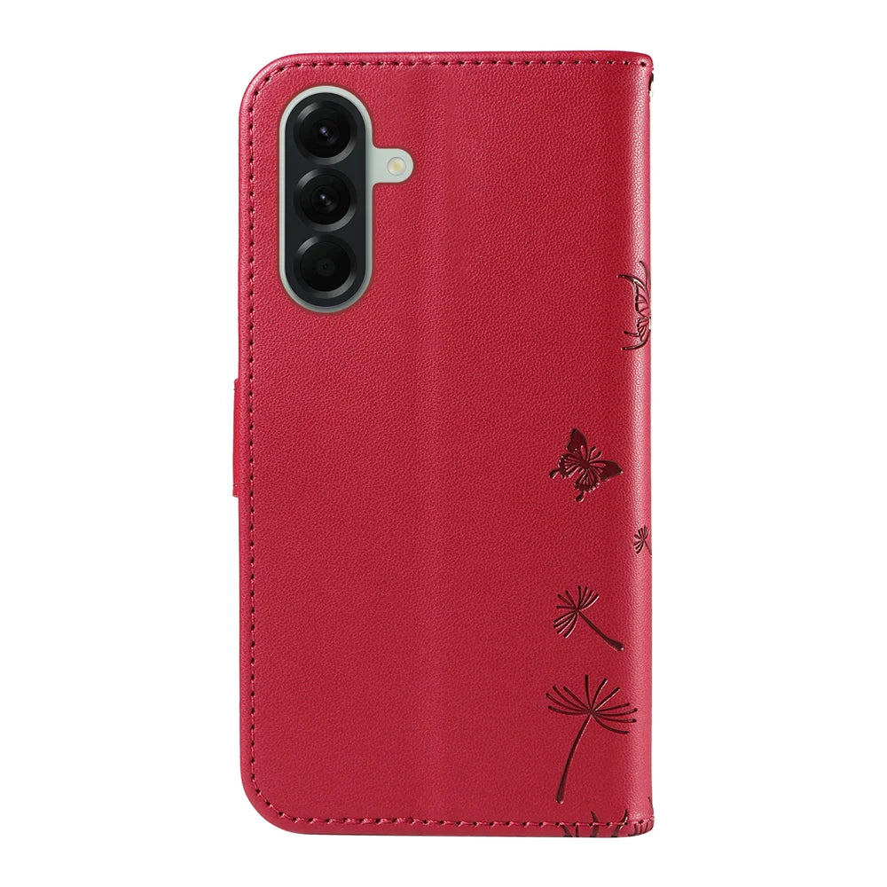 For Samsung Galaxy A57 5G Leather Wallet Case with Strap Dandelion Imprint Phone Stand Cover - Red - 7