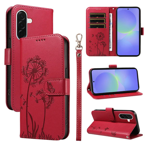 For Samsung Galaxy A37 5G Leather Wallet Case with Strap Dandelion Imprint Phone Stand Cover - Red - 1