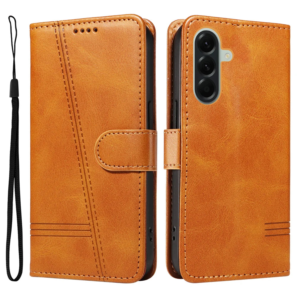 For Samsung Galaxy A57 5G Wallet Case T-Shape Lines Leather Phone Cover Stand - Brown - 1