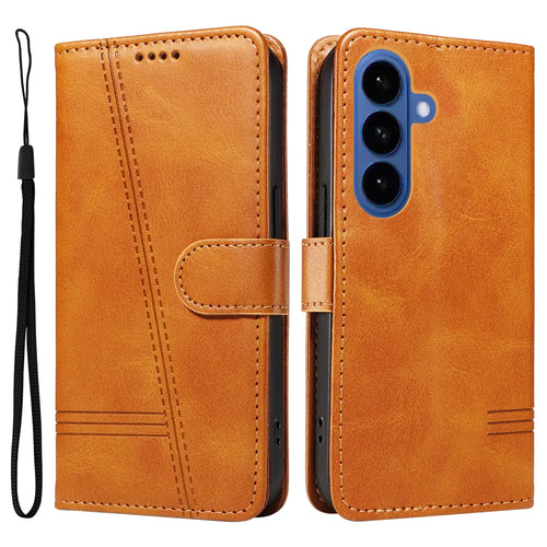 For Samsung Galaxy S26+ Wallet Case T-Shape Lines Leather Phone Cover Stand - Brown - 1