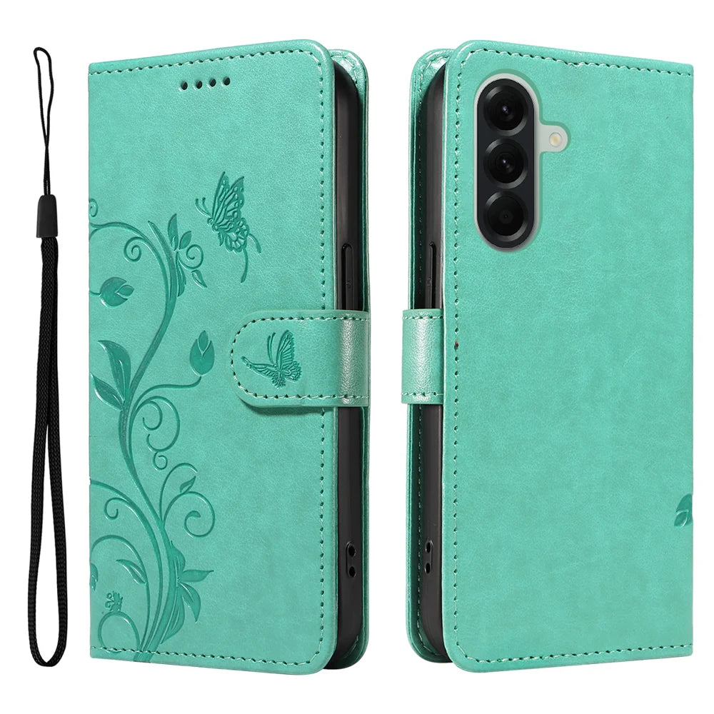 For Samsung Galaxy A57 5G PU Leather Cases Flower Pattern Wallet Stand Phone Cover with Strap - Green - 1