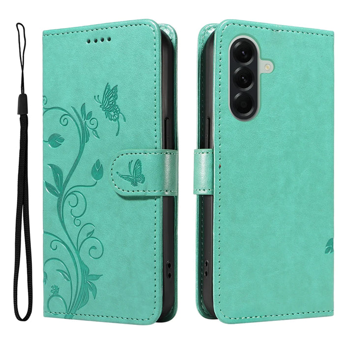 For Samsung Galaxy A57 5G PU Leather Cases Flower Pattern Wallet Stand Phone Cover with Strap - Green - 1