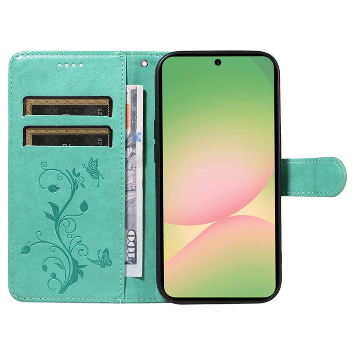 For Samsung Galaxy A57 5G PU Leather Cases Flower Pattern Wallet Stand Phone Cover with Strap - Green - 2