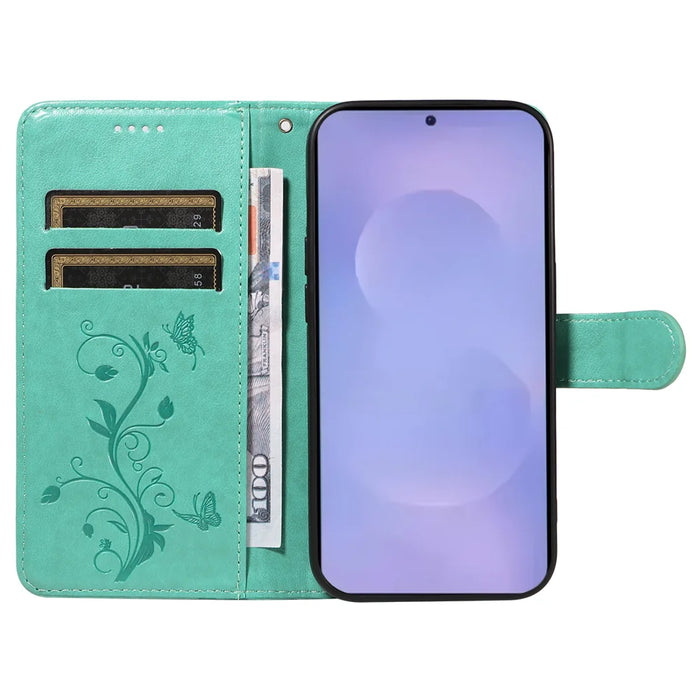 For Samsung Galaxy S26+ PU Leather Cases Flower Pattern Wallet Stand Phone Cover with Strap - Green - 2