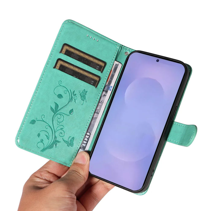 For Samsung Galaxy S26+ PU Leather Cases Flower Pattern Wallet Stand Phone Cover with Strap - Green - 7