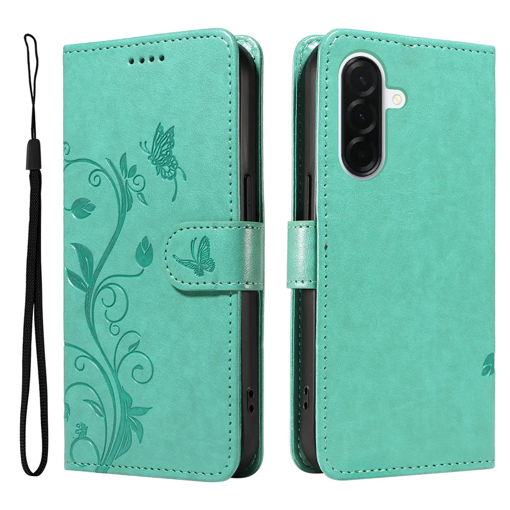 For Samsung Galaxy A37 5G PU Leather Cases Flower Pattern Wallet Stand Phone Cover with Strap - Green - 1