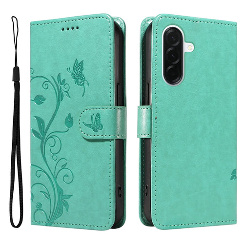 For Samsung Galaxy A37 5G PU Leather Cases Flower Pattern Wallet Stand Phone Cover with Strap - Green - 1