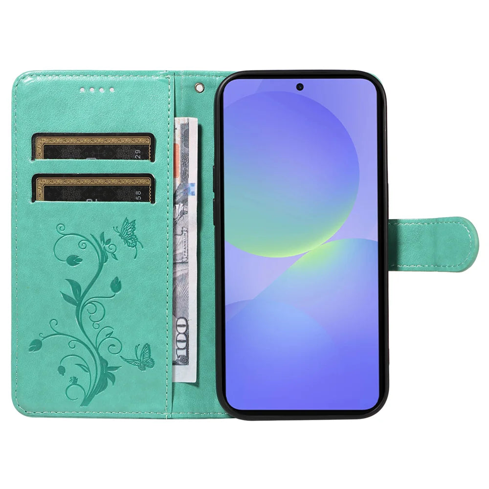 For Samsung Galaxy A37 5G PU Leather Cases Flower Pattern Wallet Stand Phone Cover with Strap - Green - 2