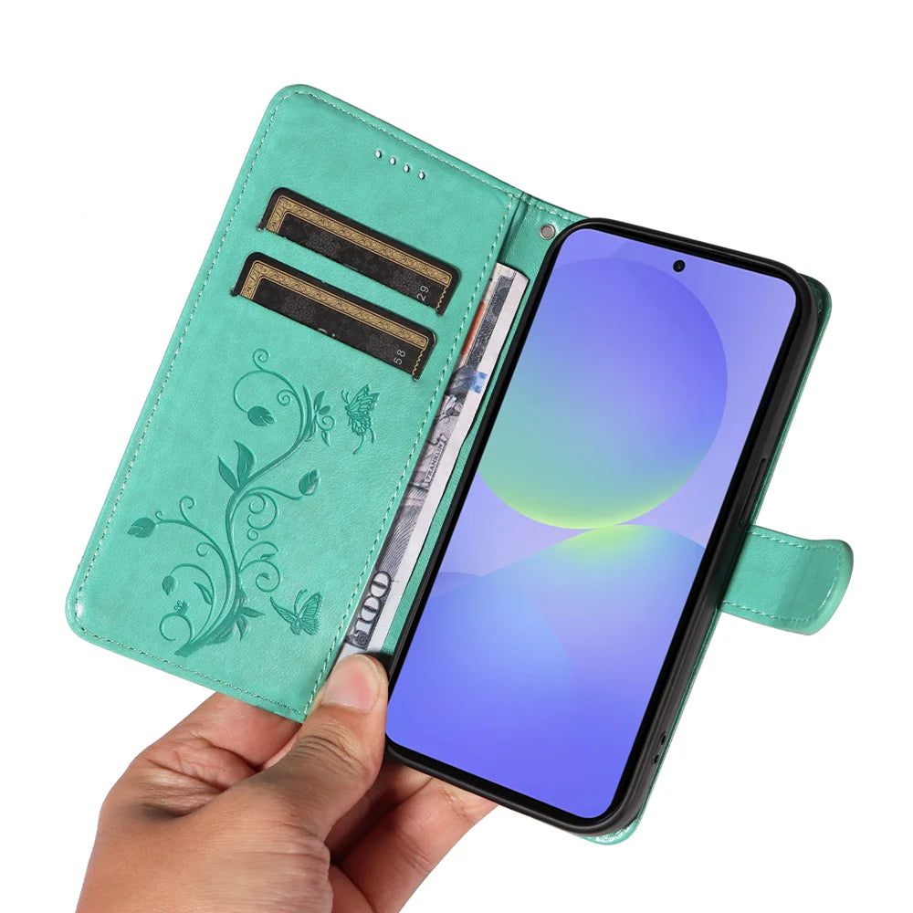 For Samsung Galaxy A37 5G PU Leather Cases Flower Pattern Wallet Stand Phone Cover with Strap - Green - 7