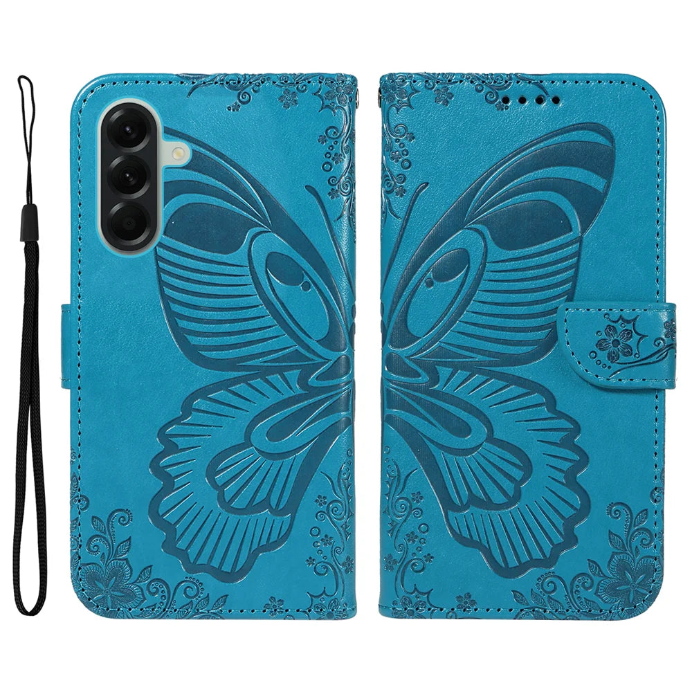 For Samsung Galaxy A57 5G Case Butterfly Pattern PU Leather Folio Flip Phone Cover -  Blue - 1