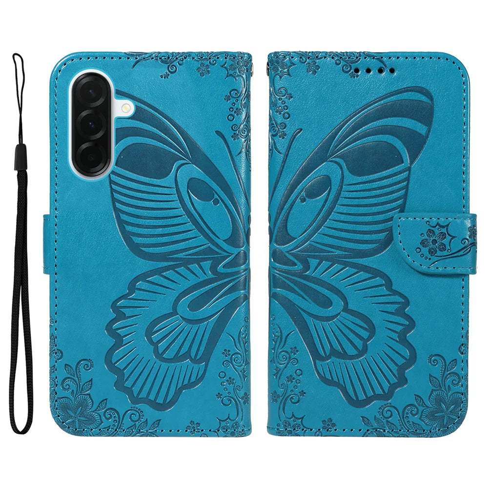 For Samsung Galaxy A37 5G Case Butterfly Pattern PU Leather Folio Flip Phone Cover -  Blue - 1