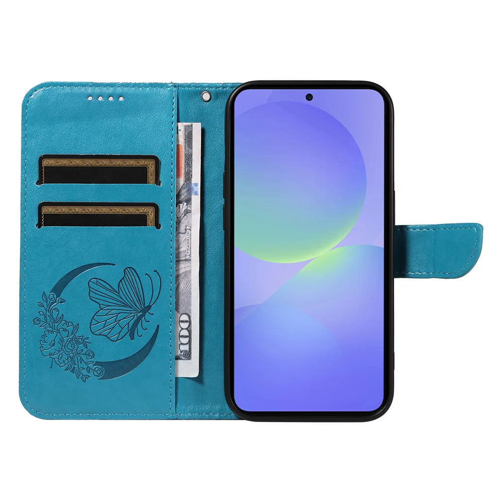 For Samsung Galaxy A37 5G Case Butterfly Pattern PU Leather Folio Flip Phone Cover -  Blue - 3