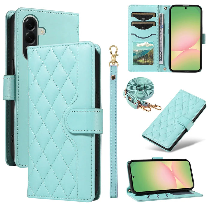 For Samsung Galaxy A57 5G Wallet Case Rhombus Leather Phone Cover with Strap - Green - 1