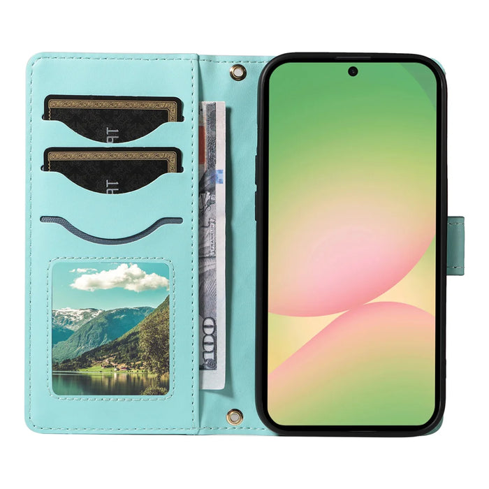 For Samsung Galaxy A57 5G Wallet Case Rhombus Leather Phone Cover with Strap - Green - 2