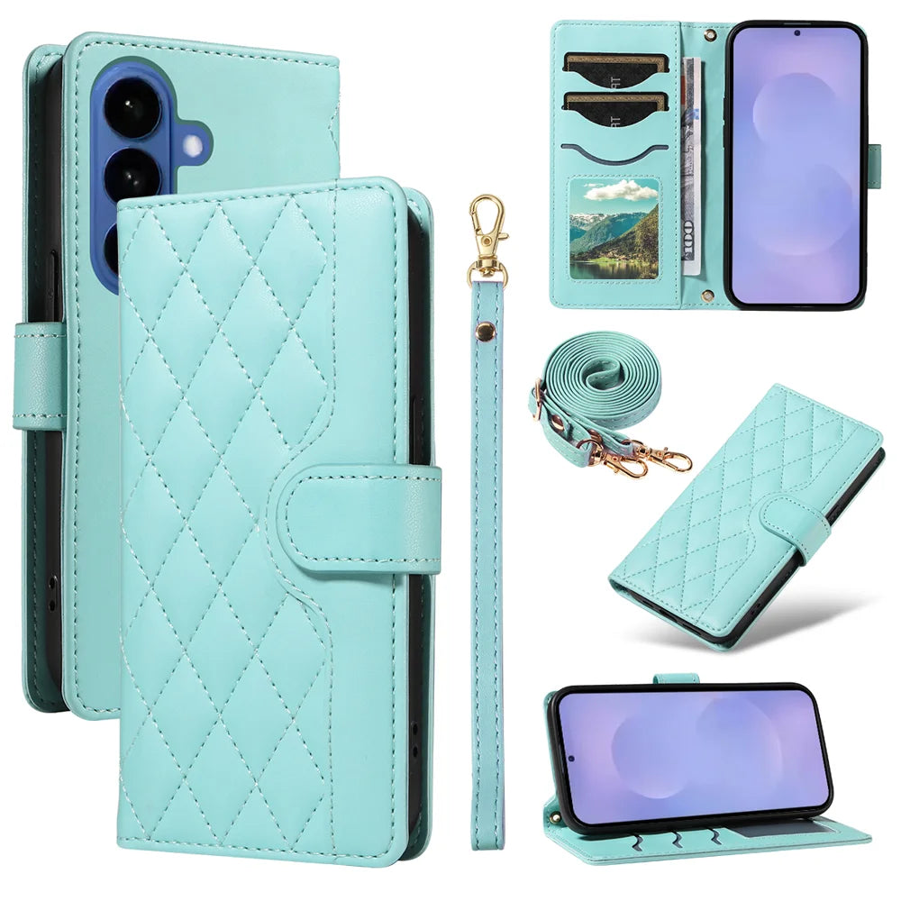 For Samsung Galaxy S26+ Wallet Case Rhombus Leather Phone Cover with Strap - Green - 1